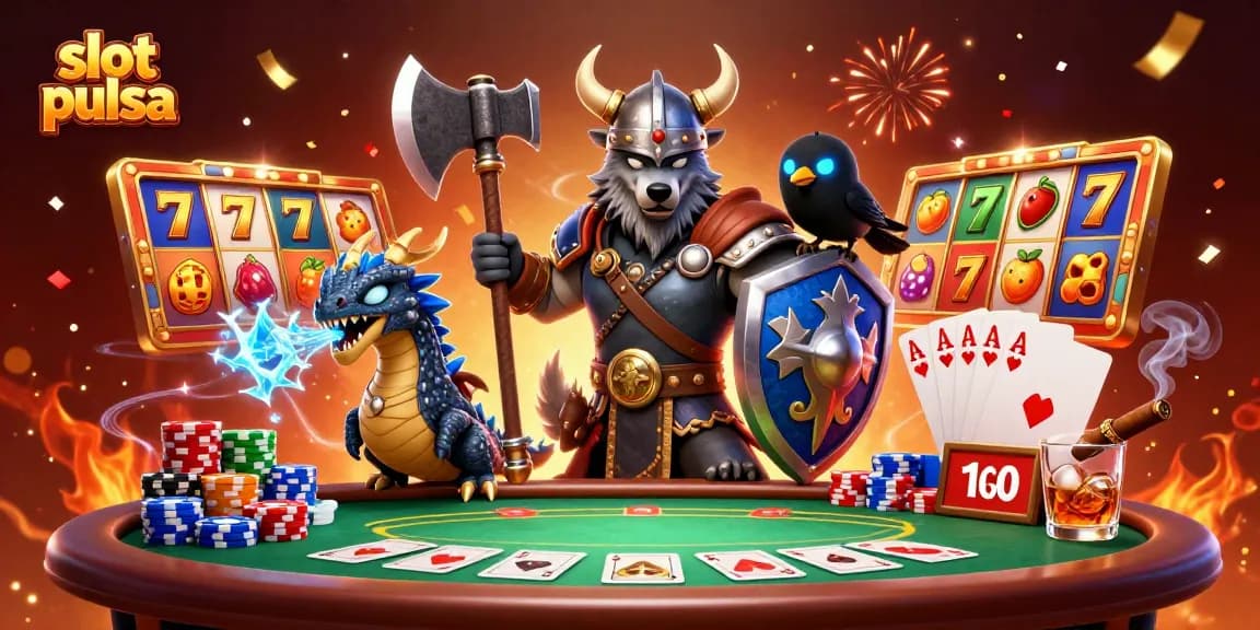 Permainan slot pulsa dengan karakter Viking dan naga bersatu di kasino online.