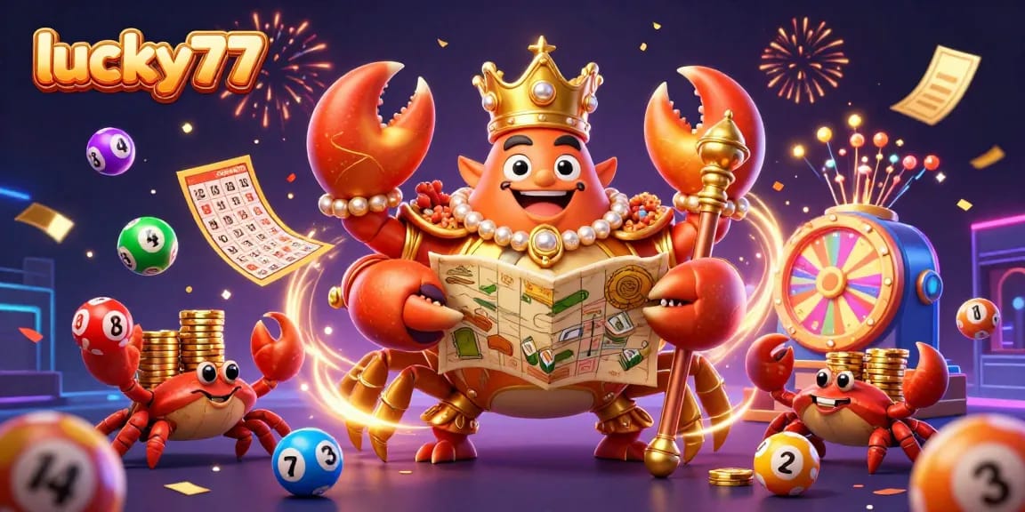 Experience the excitement of lucky77 with a vibrant lottery-themed 3D illustration featuring a golden crab emperor.