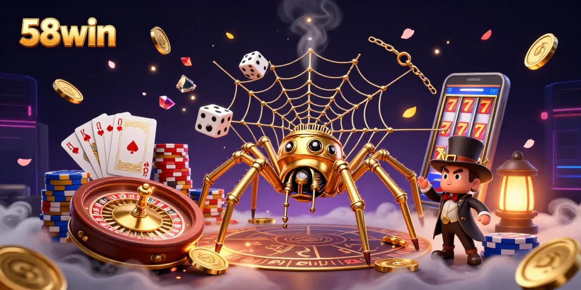 Experience thrilling wins with 58win as golden spiders weave casino magic in this vibrant illustration.