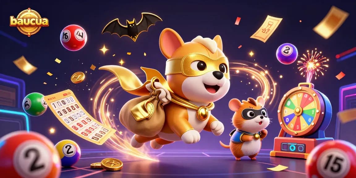 Baucua game brings excitement with a superhero dog and colorful gameplay elements in a dynamic casino-themed scene.