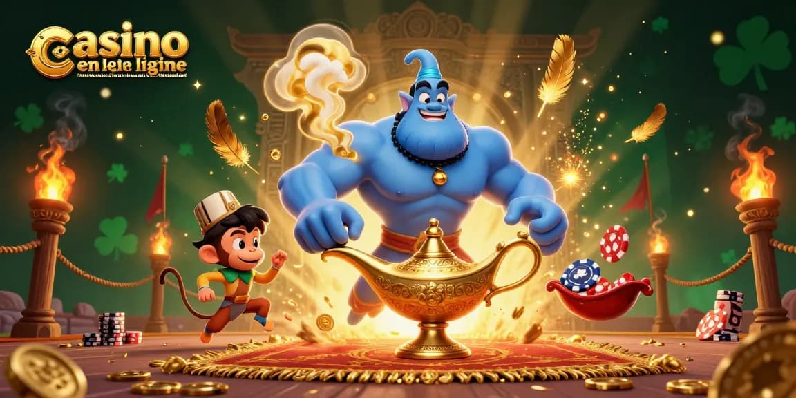 Profitez du casino en ligne retrait immédiat avec un génie et un tapis magique dans une scène dynamique.