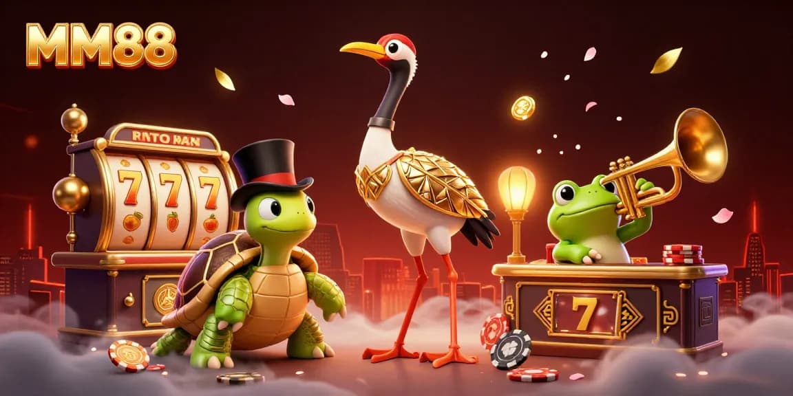 Engage with MM88, featuring vibrant characters in a spectacular casino scene filled with excitement and golden symbols.