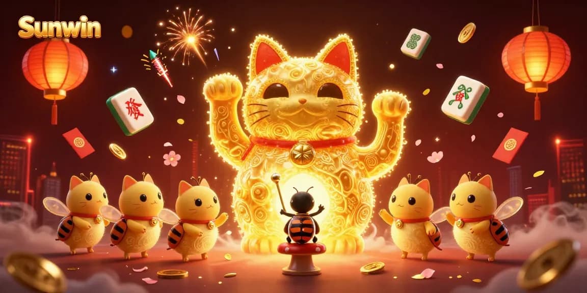 Sunwin showcases a vibrant casino scene with a lucky cat and fireflies, enhancing gaming experience.