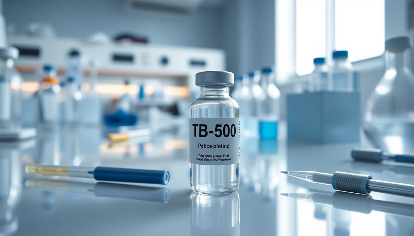 Learn how much is a tb peptide with a close-up view of a TB-500 vial in a lab.