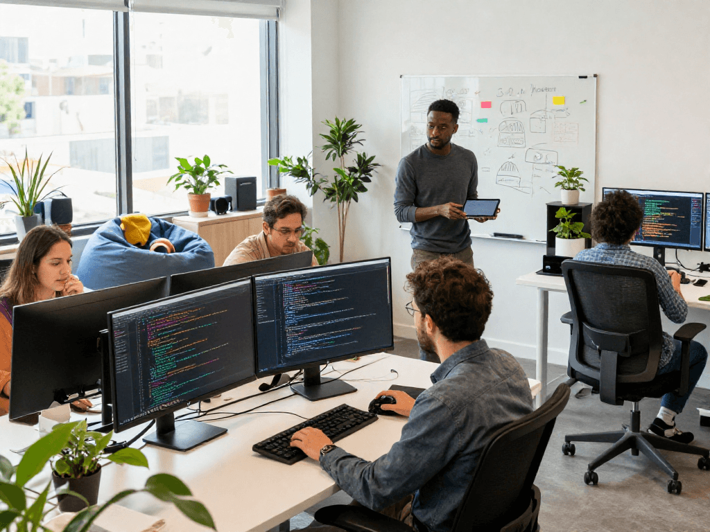 Team collaborating in a vibrant tech workspace featuring net88 project displays