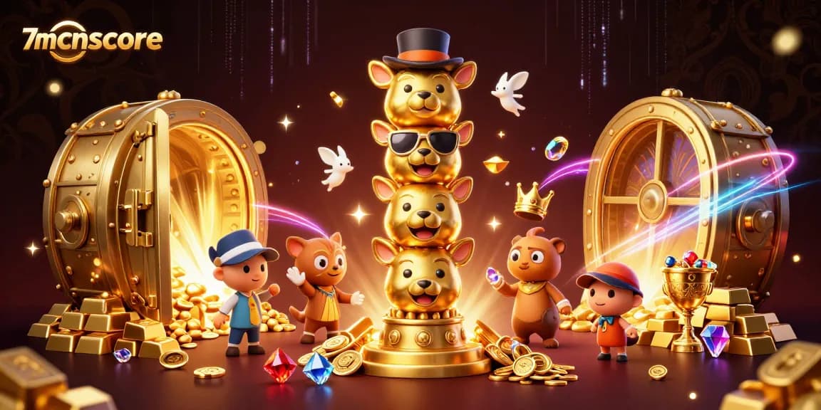 Play at 7mcnscore, featuring vibrant 3D animations of a golden totem surrounded by treasure and casino elements.