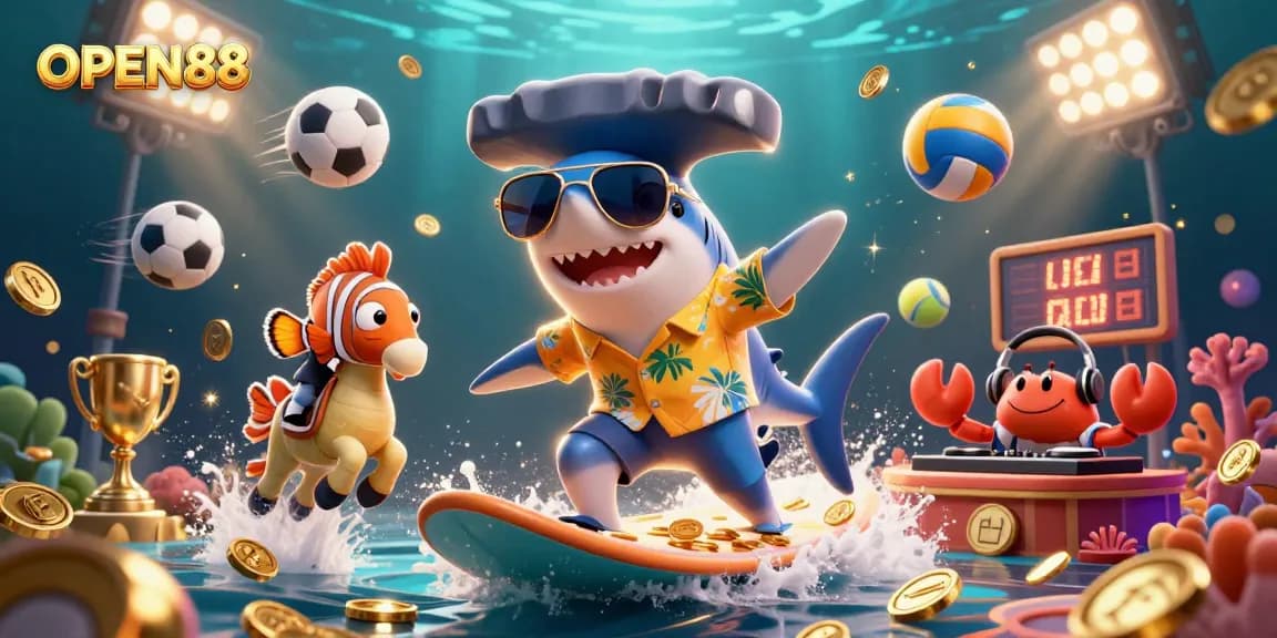 Join the adventure at OPEN88 with a shark celebrating wins surrounded by sports balls and gold coins.
