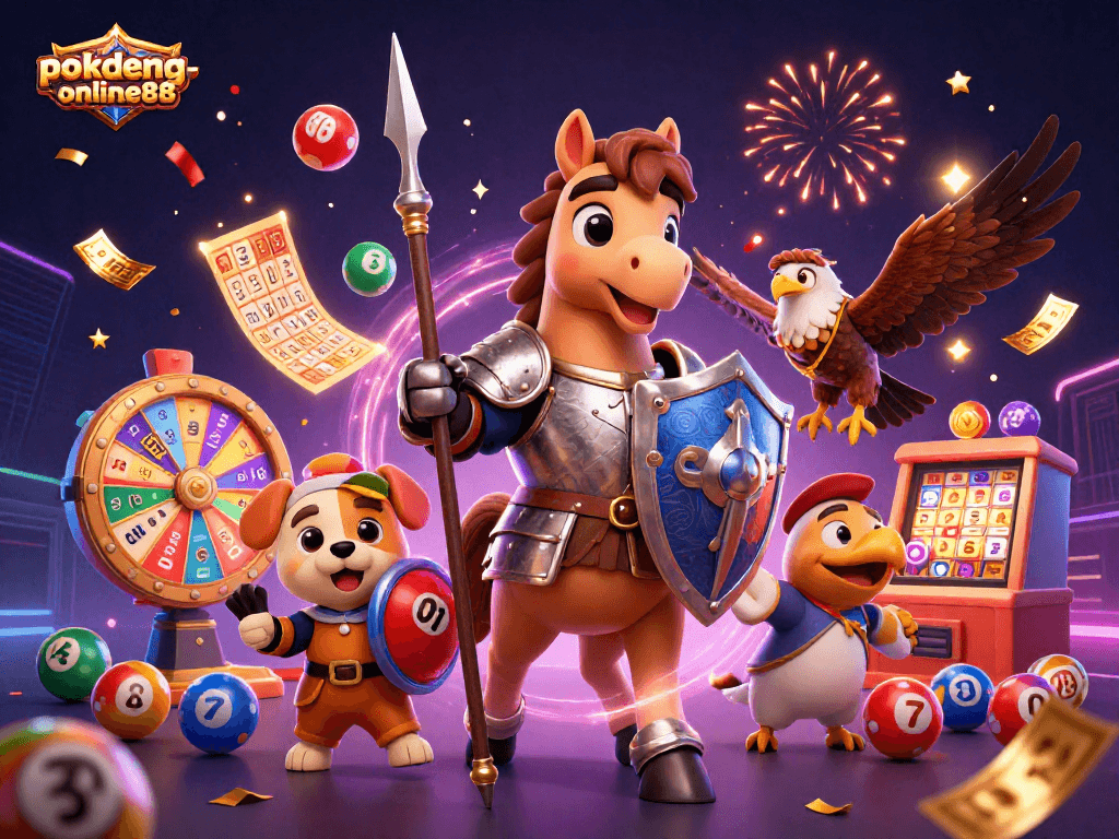 Join the action with pokdeng-online88 as a medieval knight, squire puppy, and falcon celebrate big wins with vibrant lottery elements.