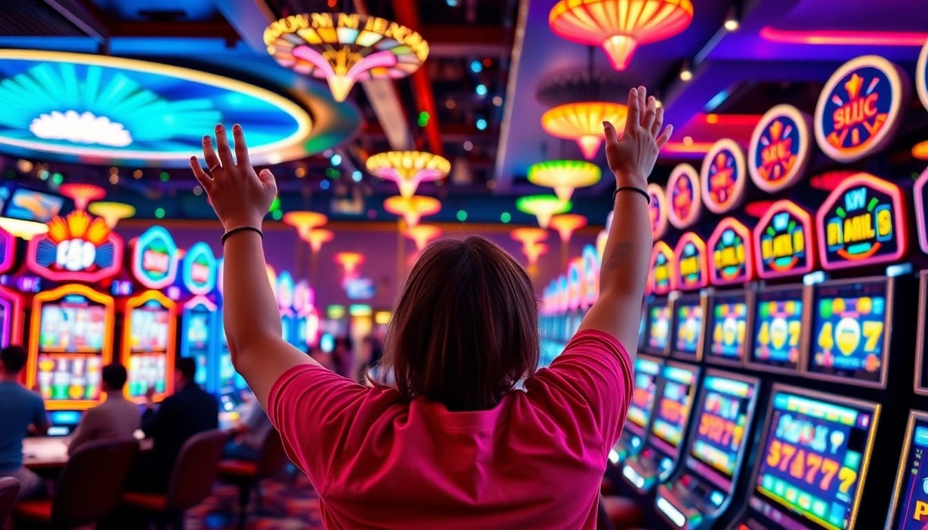 Engaging slot gambling scene with vibrant machines and excited players celebrating a win.