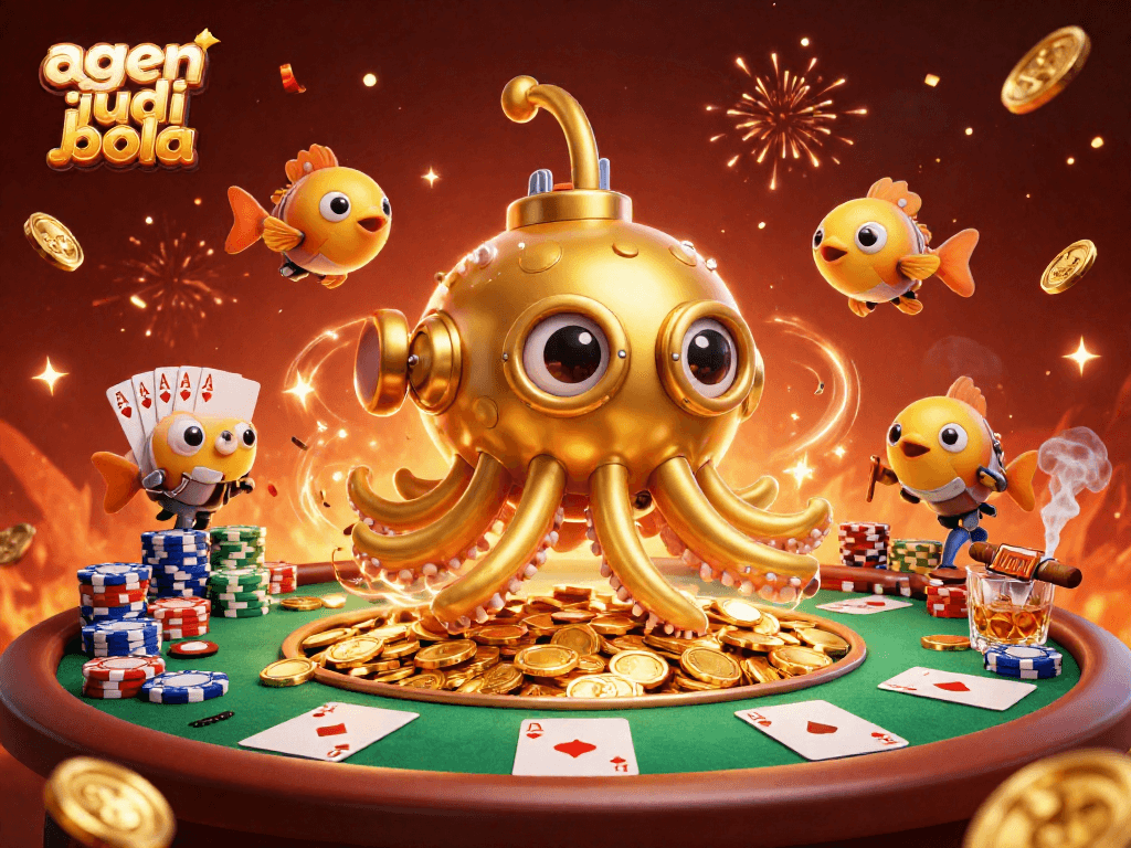 Engaging illustration of agen judi bola with a golden kraken submarine and poker elements.