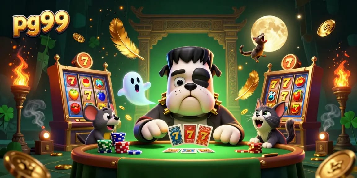 Experience thrilling gameplay with pg99 featuring a lively 3D cartoon scene of a bulldog and mystical elements at a casino game table.
