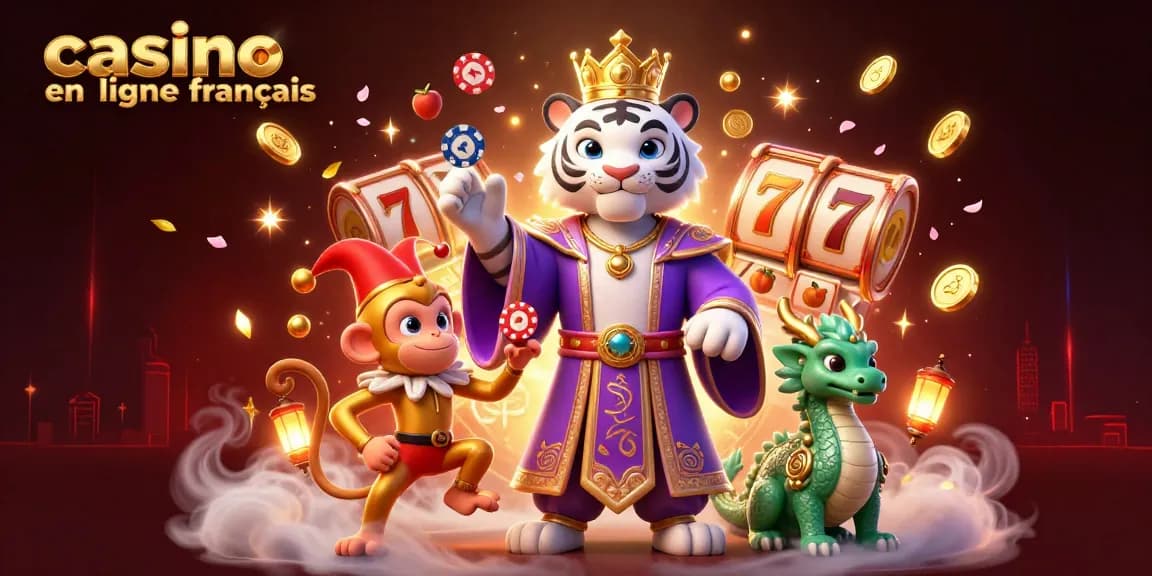 Visitez casino en ligne français avec un tigre élégant, un singe jongleur et des éléments de jeux éclatants.