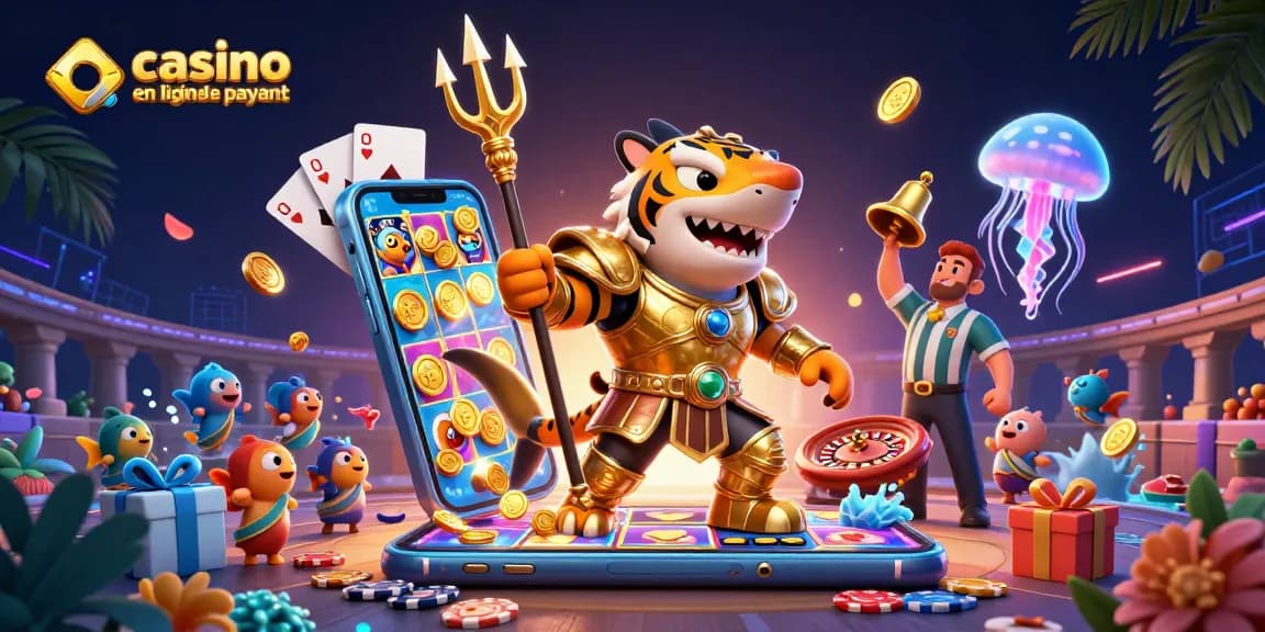 Un poisson-tigre en armure de gladiateur dans une arène marine avec des éléments de casino en ligne le plus payant.