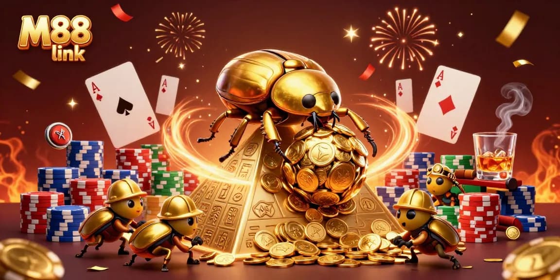 Experience the vibrant M88 link casino adventures with golden beetles and classic poker elements.