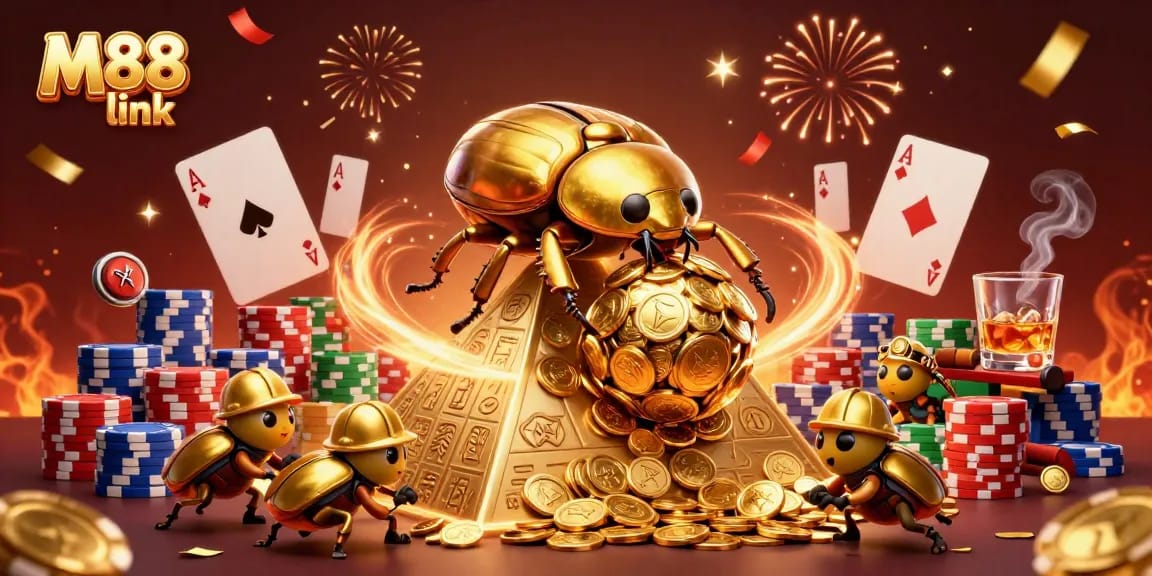 Experience the vibrant M88 link casino adventures with golden beetles and classic poker elements.