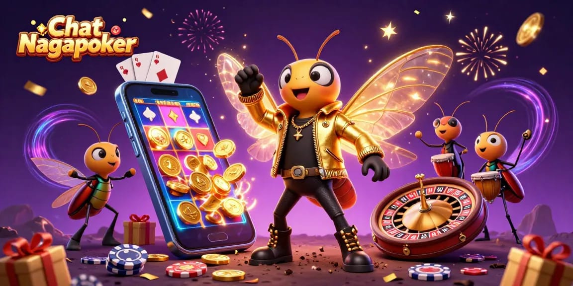 Engage with Chat Nagapoker in this vibrant 3D casino scene featuring dynamic characters and gaming elements.