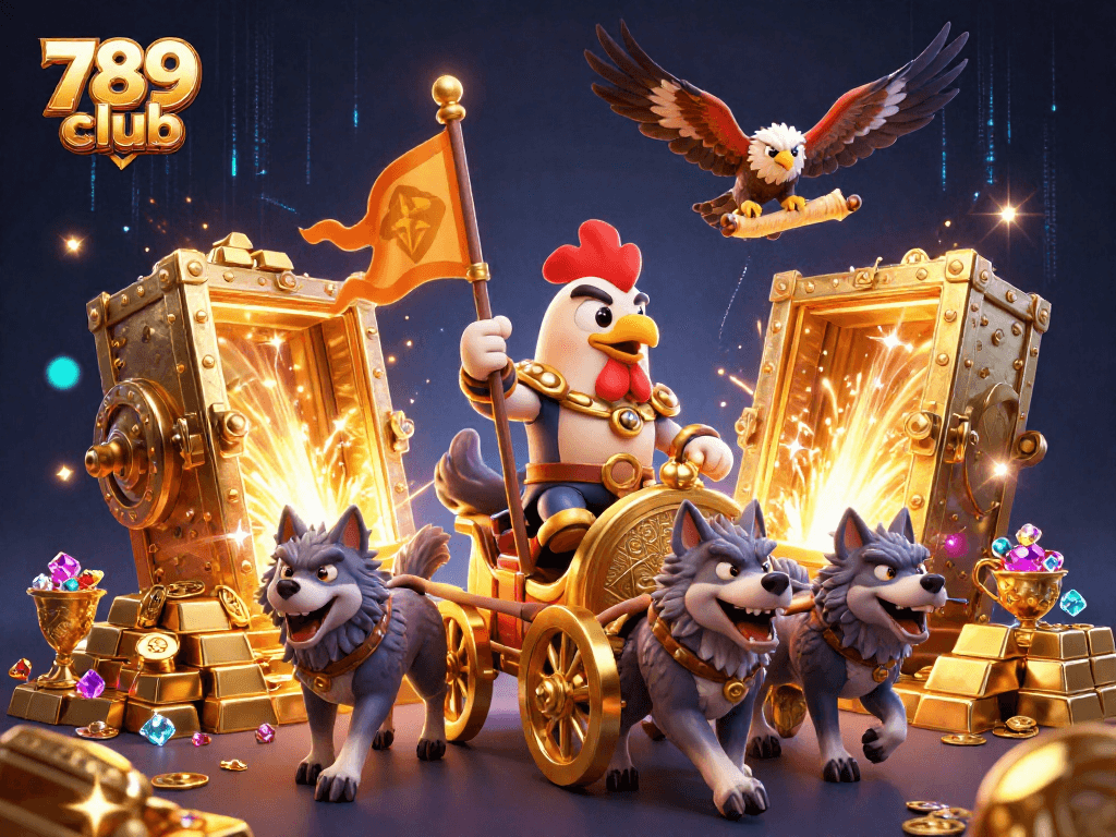 Win big with 789 club in a dynamic 3D casino scene featuring golden treasures and a fierce rooster warlord.