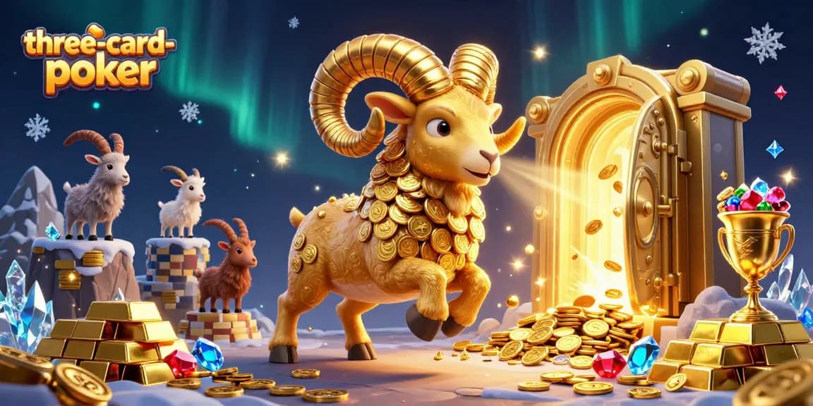 Experience high-stakes action in three-card-poker with golden ram and treasure elements.