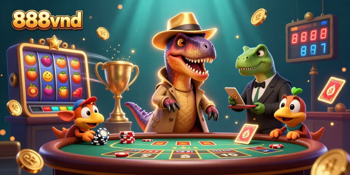 Spin the reels at 888vnd while a sneaky velociraptor counts cards in style at the blackjack table.