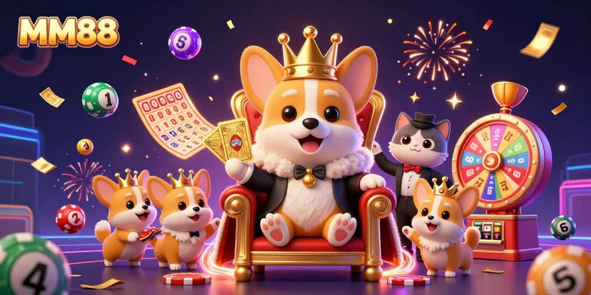 Experience thrilling gaming with MM88 as royal corgis celebrate wins in a vibrant casino scene.