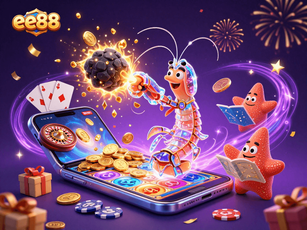 ee88 slots scene featuring a galactic samurai mantis shrimp bursting gems and coins, exciting gameplay atmosphere