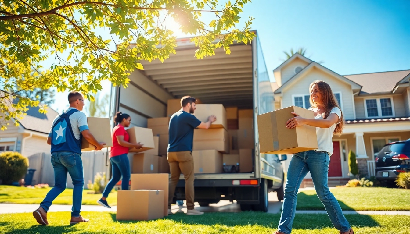Professional movers providing Residential Moving Services with a cheerful family in the background.