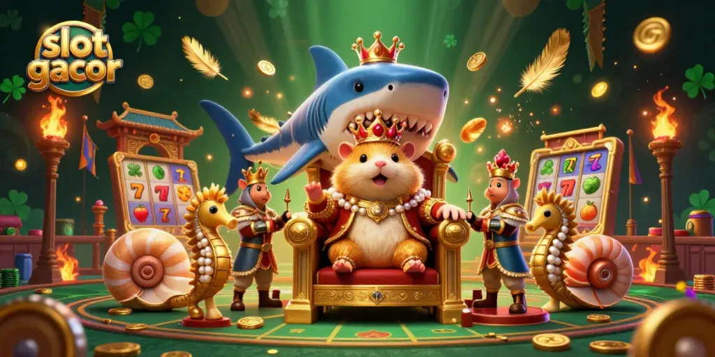 Slot gacor menarik perhatian di kasino dengan raja hamster keemasan duduk di atas kursi gigi megalodon.