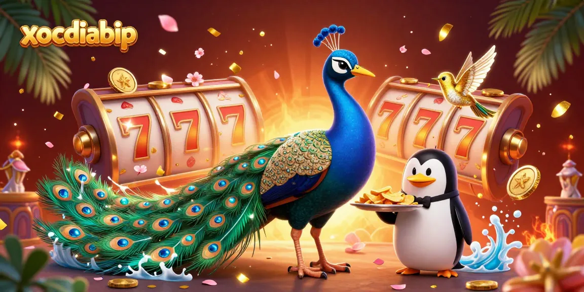 xocdiabip showcases a vibrant 3D peacock and butler penguin in a lively slot scene with golden chips and jade coins.