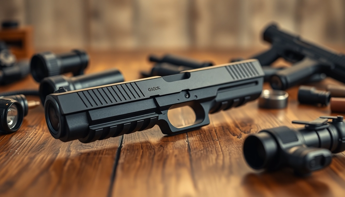 Examine the glock 48 mos slide complete with detailed components on a wooden table.