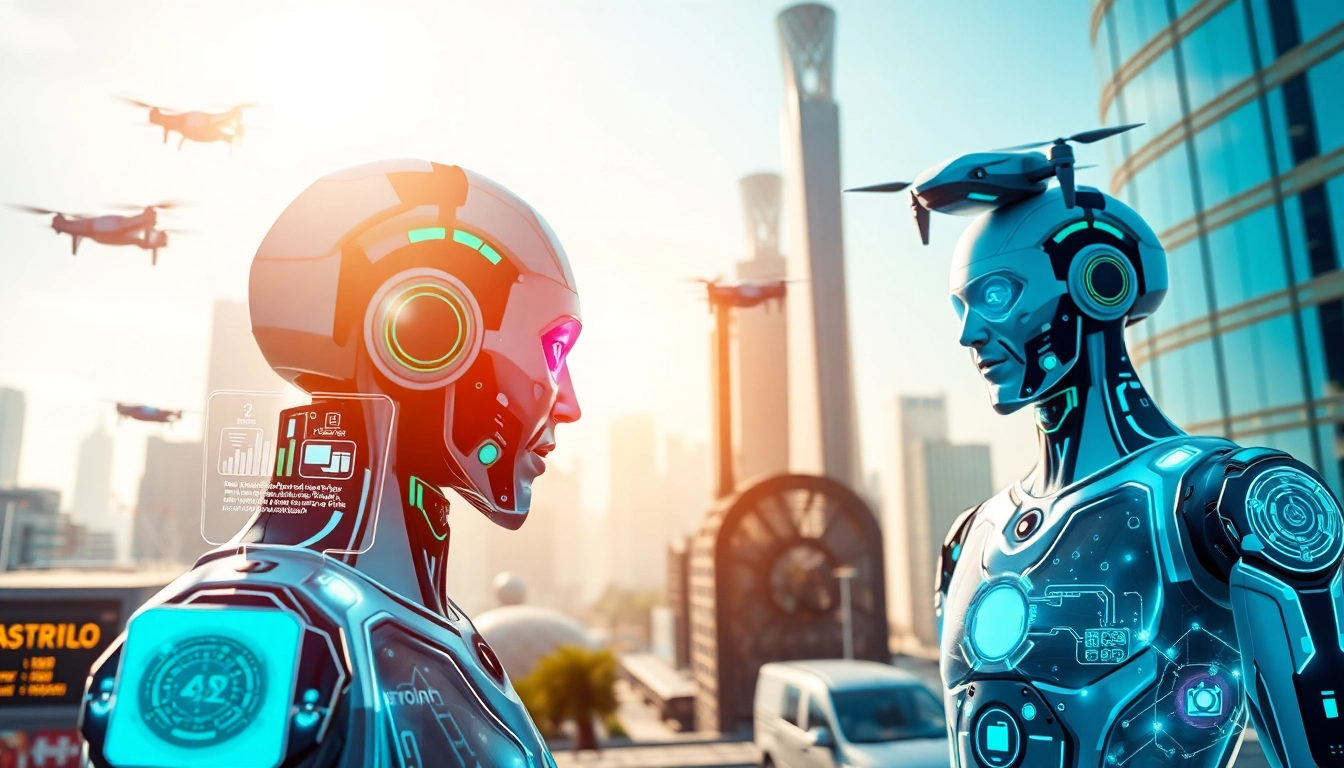AI agents managing tasks in a futuristic city, showcasing technology and innovation.