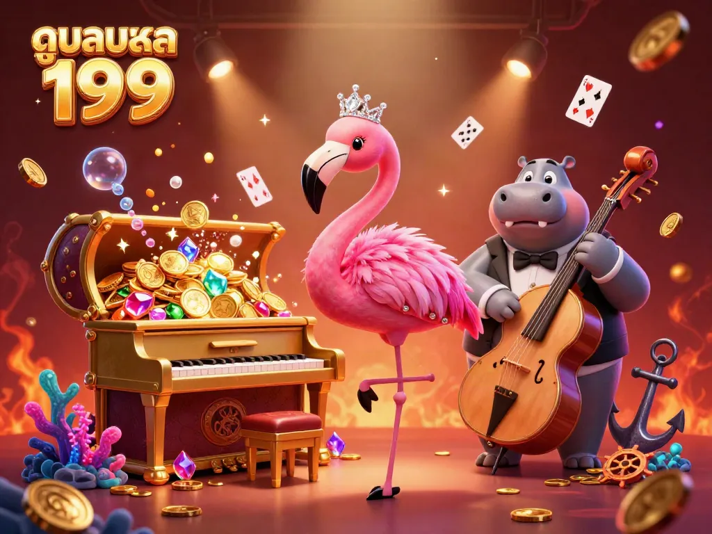 Experience the excitement of ดูบอลสด 199 with a vibrant 3D illustration of a flamingo singer and hippo bassist in a dynamic casino scene.
