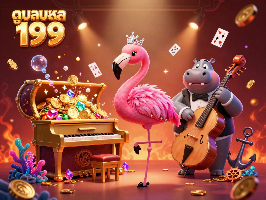 Experience the excitement of ดูบอลสด 199 with a vibrant 3D illustration of a flamingo singer and hippo bassist in a dynamic casino scene.