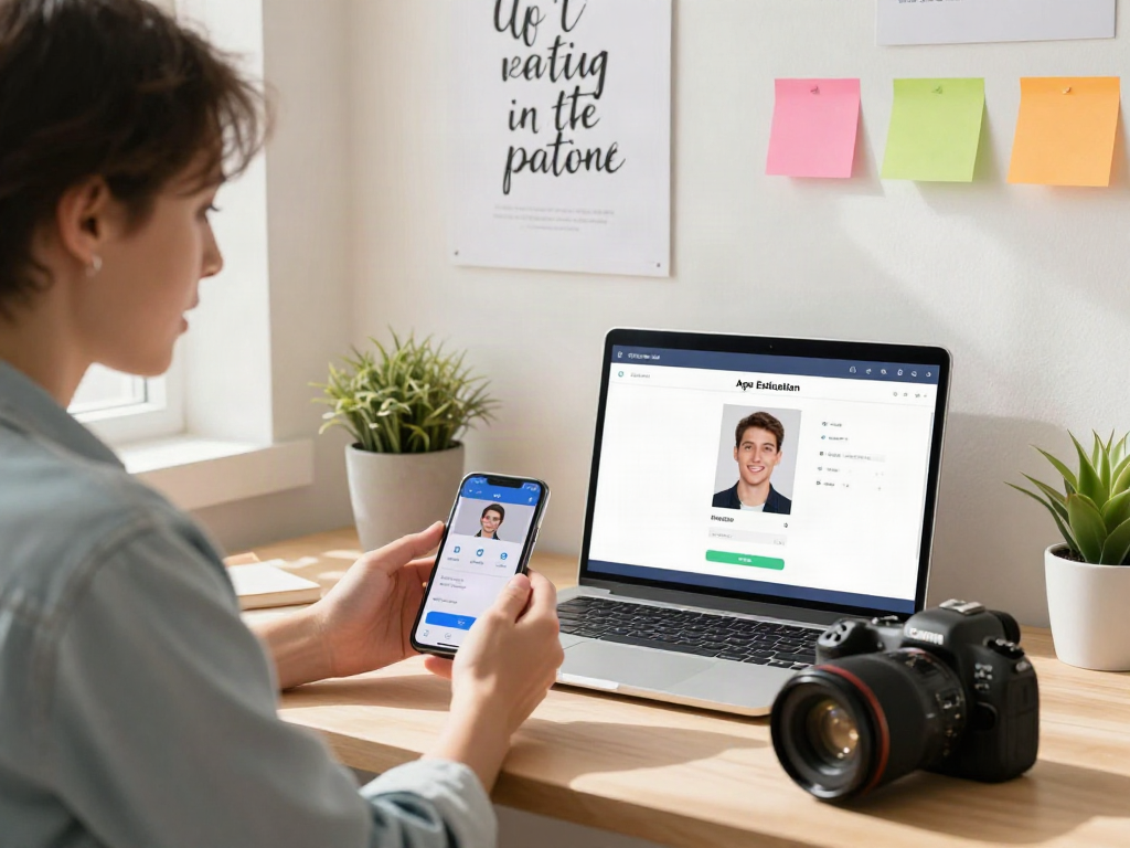 Using the "how old do I look" app, a user uploads a photo for age estimation in a modern workspace setting.