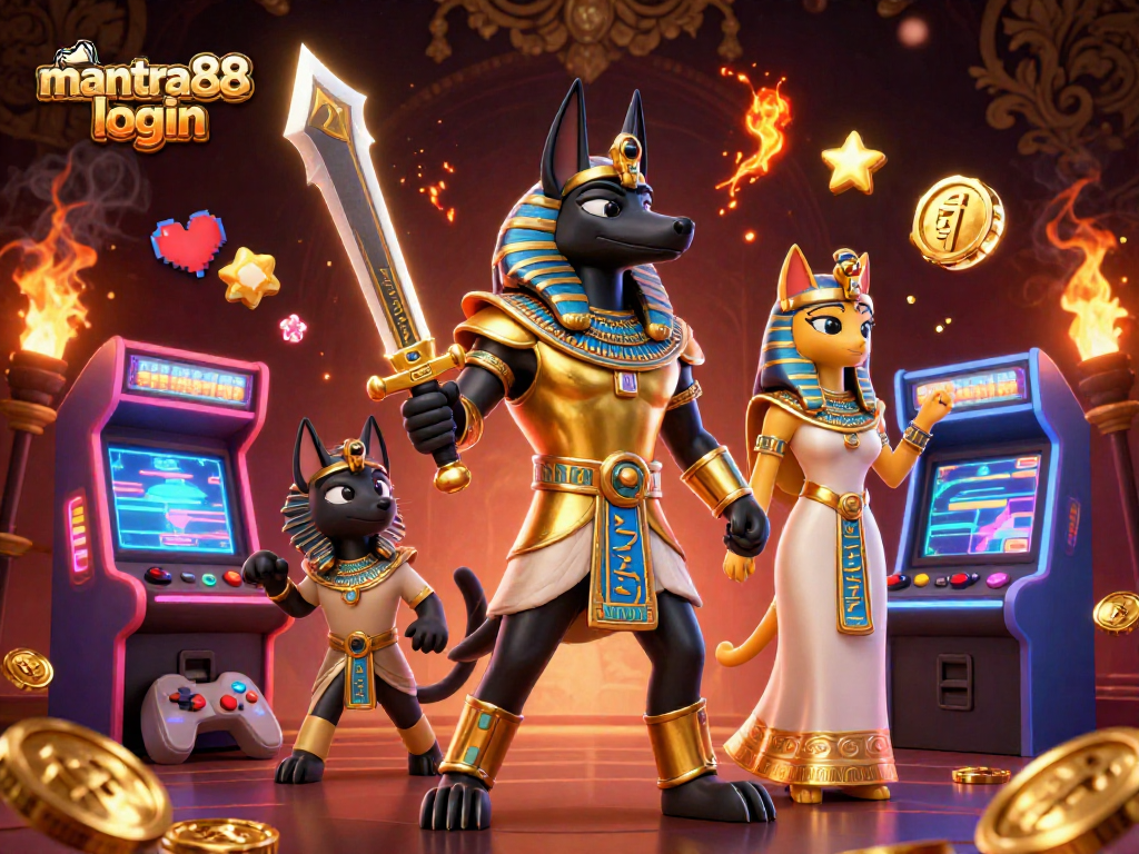 Engage in gaming excitement with the mantra88 login alongside Anubis and Bastet in a vibrant casino-themed illustration.