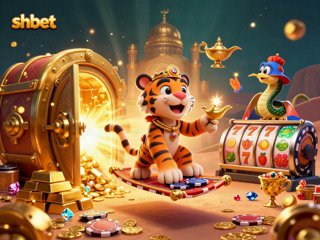 Experience the magical world of shbet with our 3D casino illustration showing a sultan on a poker chip carpet.