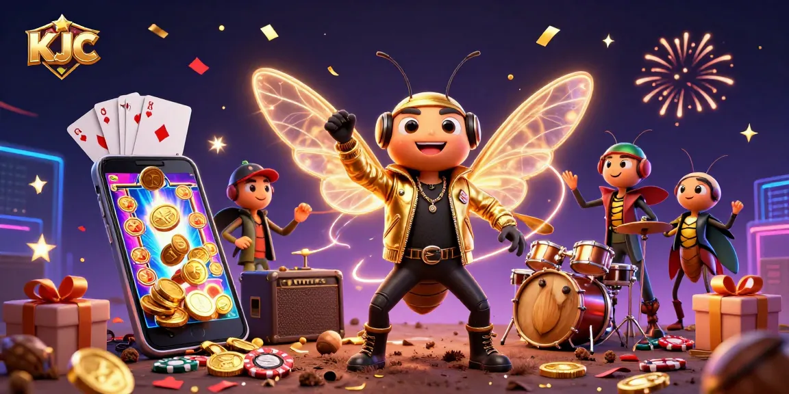 KJC gaming experience showcasing a vibrant casino scene with a cicada rock star.
