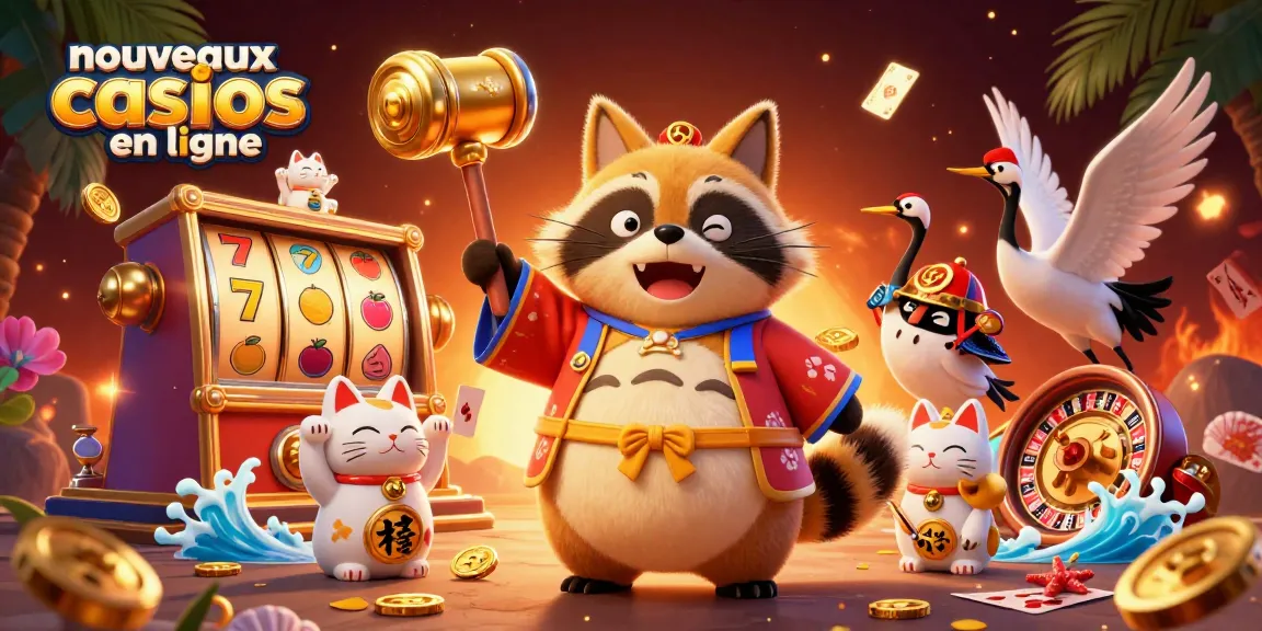 Illustration des nouveaux casinos en ligne avec un tanuki et des éléments de jeu captivants.