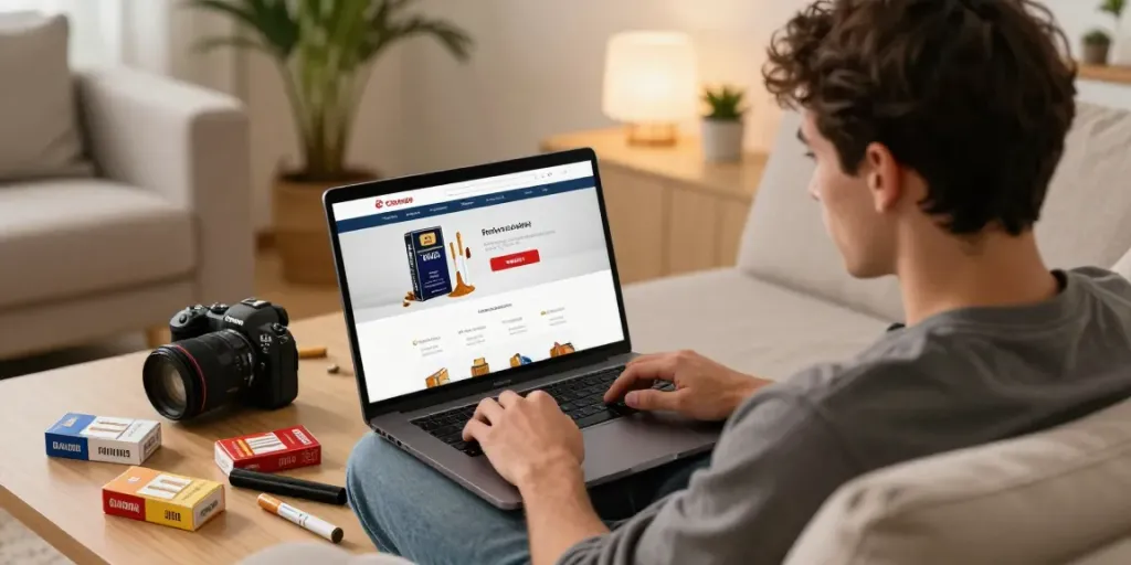 Browsing cheap tobacco and cigarettes online from home with various products displayed.