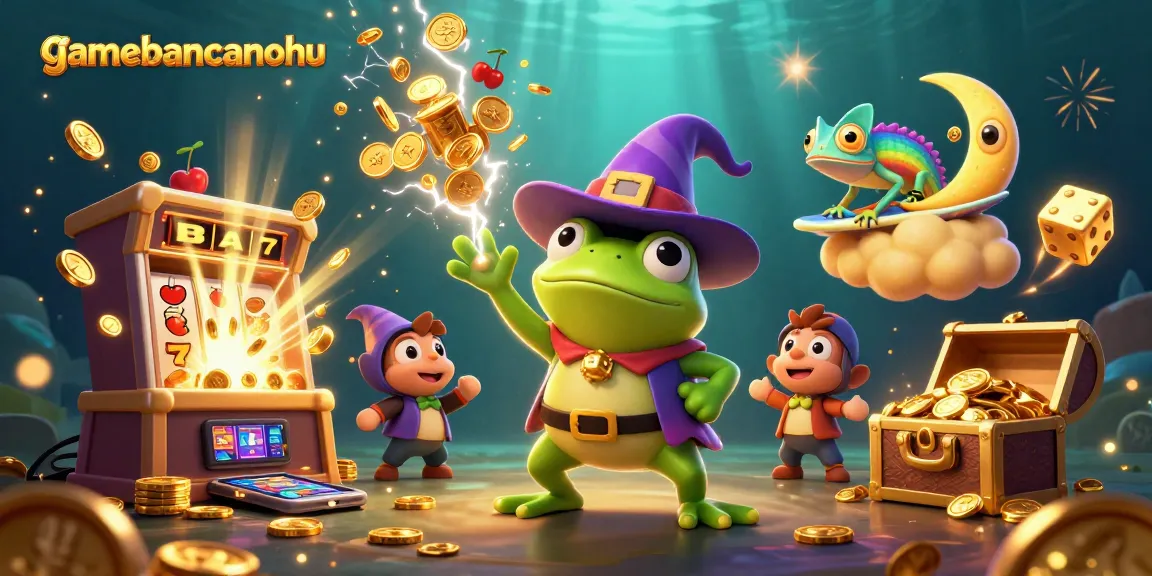 gamebancanohu showcases a vibrant 3D scene of a weather wizard frog amidst a jackpot explosion and dynamic casino elements.