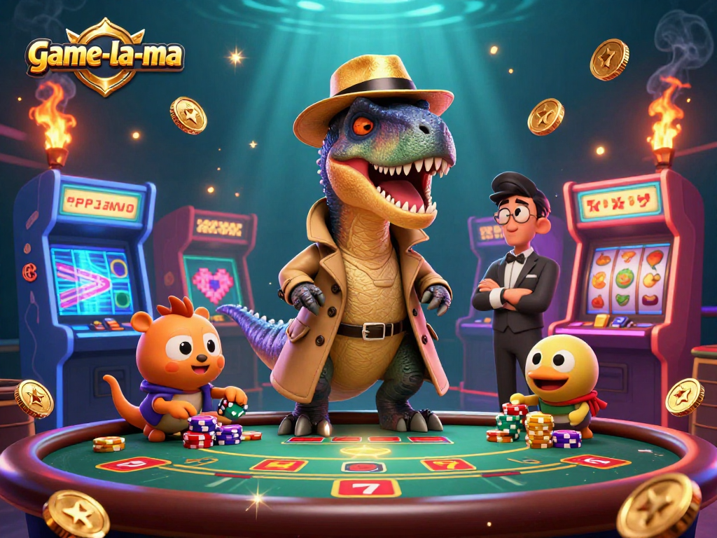 Engage with excitement at game-la-ma, featuring cartoon velociraptor card counters amidst vibrant casino elements.