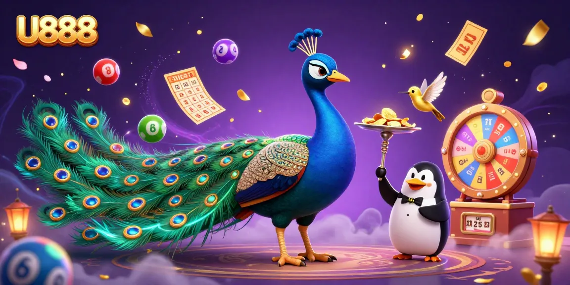 U888 showcases a vibrant casino scene featuring colorful lottery balls, a peacock, and a penguin.