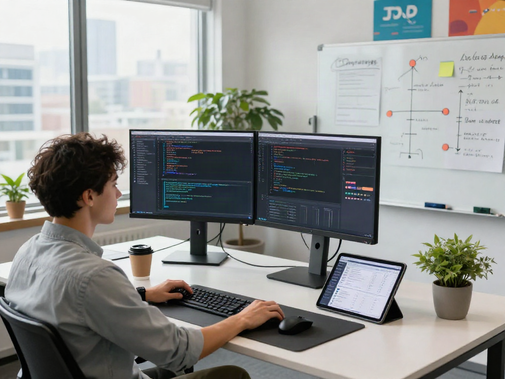 AI Detector in a tech workspace showcasing a software engineer coding and analyzing AI algorithms.