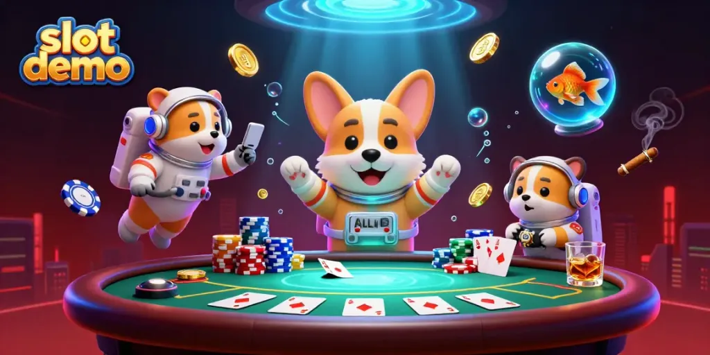 Play exciting slot demo games in a vibrant, dynamic casino setting with animated characters.