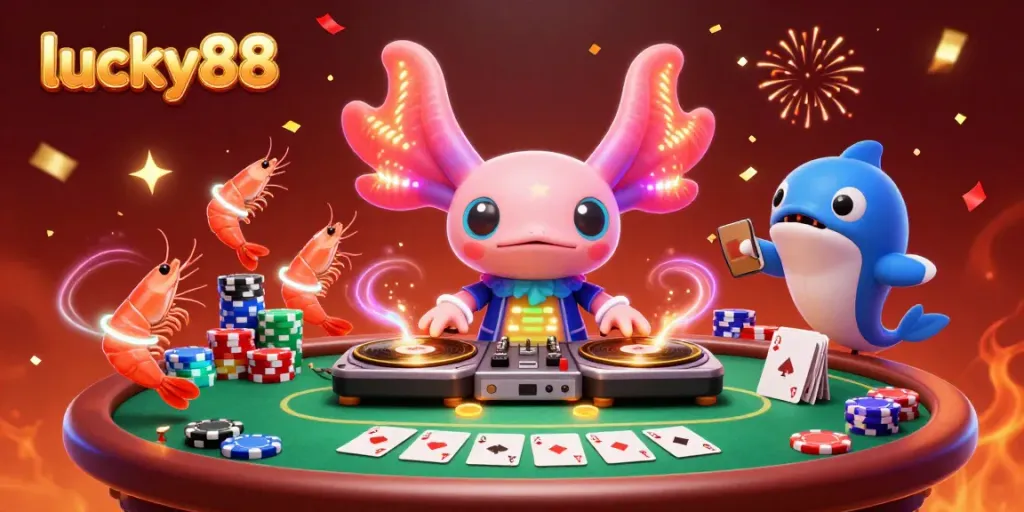Experience vibrant gambling with lucky88 featuring an axolotl DJ, poker, and festive confetti.