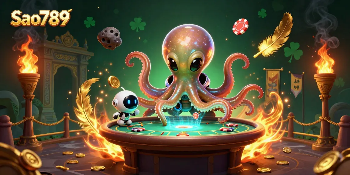 Sao789 offers thrilling gameplay featuring an alien octopus and poker table with vibrant cosmic elements.