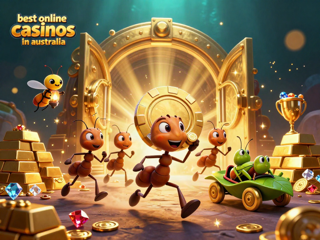 Engaging scene representing the best online casinos in Australia with cartoon ants on a heist for a golden poker chip.
