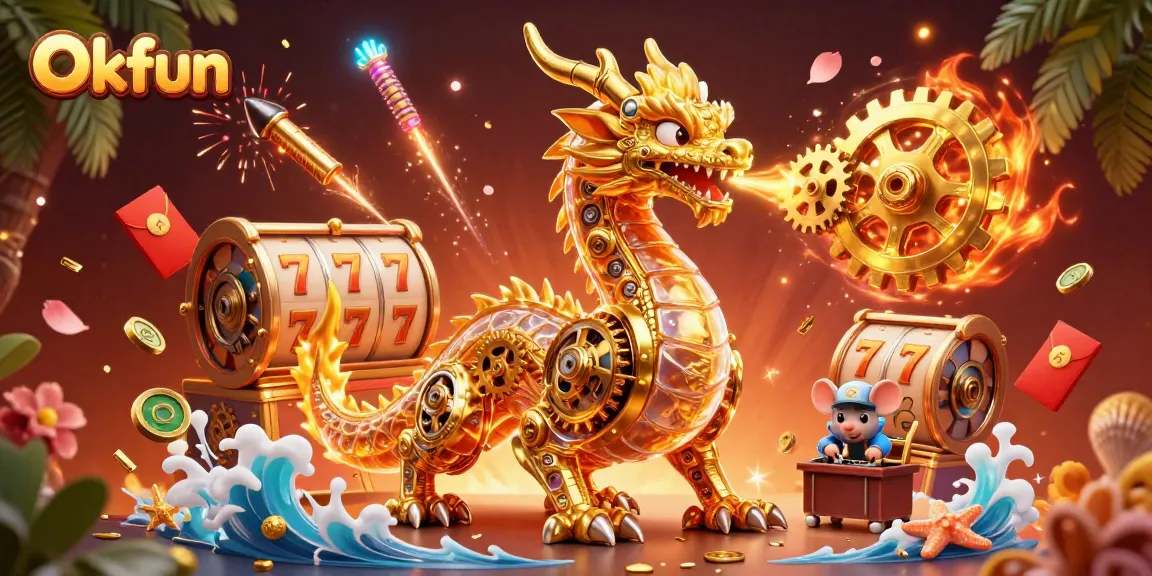 Engage with Okfun's vibrant casino scene featuring a golden dragon amidst dynamic slot elements.