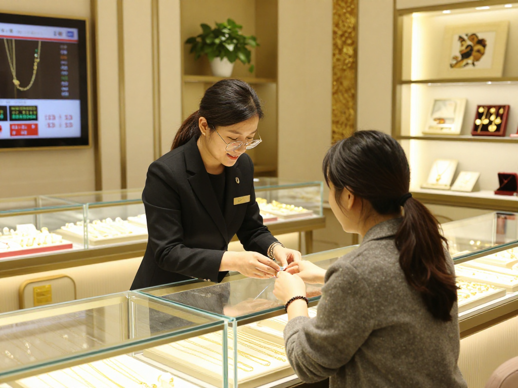 Customer engaging in mantra88 login at a luxurious jewelry store with elegant gold displays.