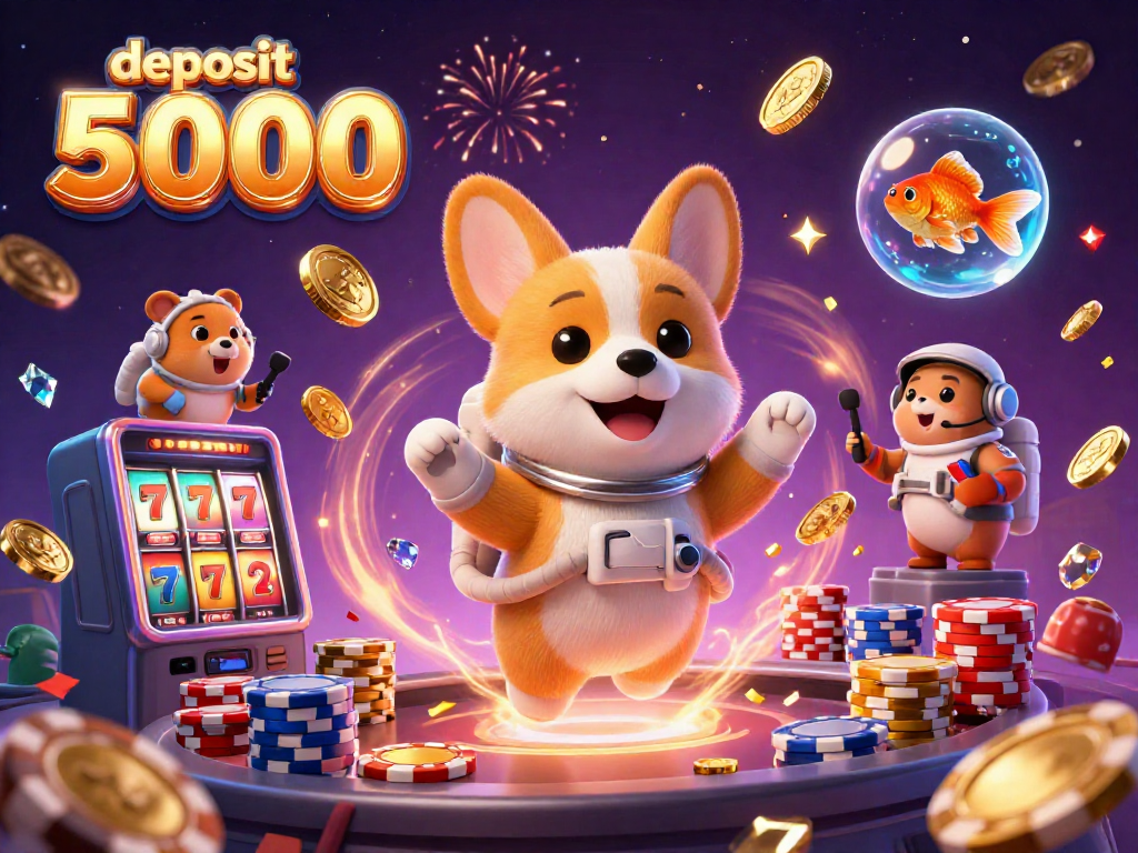 Experience thrilling slot gameplay with deposit 5000 amidst floating poker chips and golden coins.