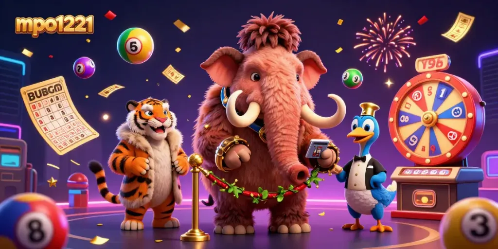 Experience the excitement of mpo1221 with a vibrant casino scene featuring dynamic lottery elements and characters.